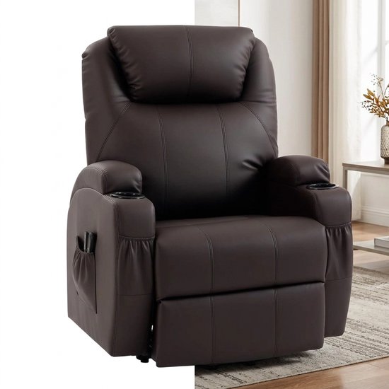 Donkerbruine relaxfauteuil met twee bekerhouders, zijvakken en comfortabele kussens.