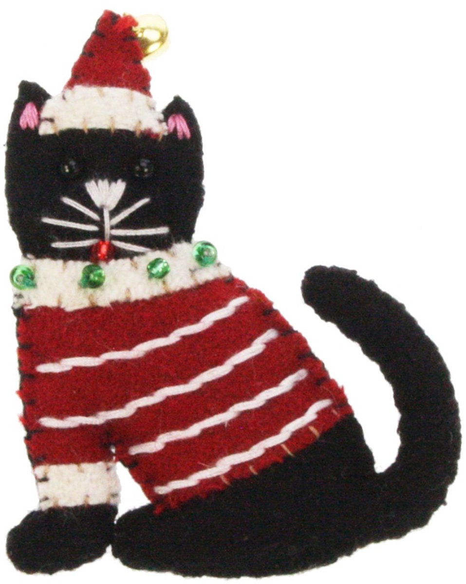 Broche kat zittend met kerstmuts rood/ zwart, vilt 5x1x7cm