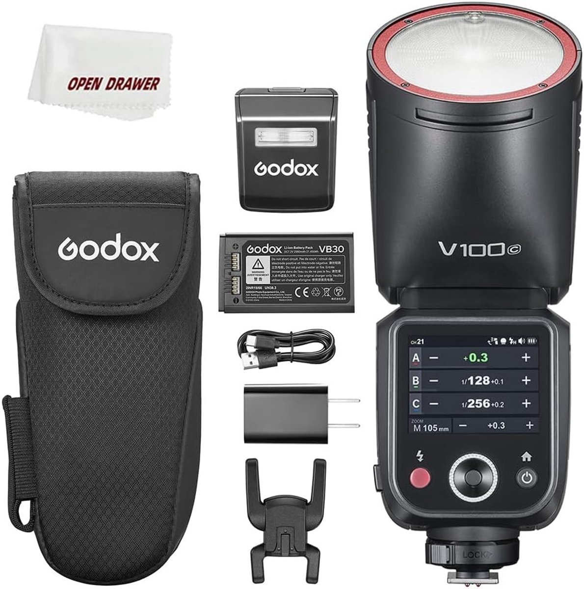 Ronde flitser met aanraakscherm, 100W en ingebouwde lithiumbatterij voor Canon camera's, 10 niveaus LED model lamp, HSS en globale sluiter.