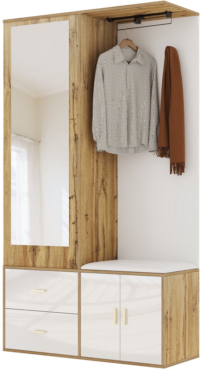 Merax Halmeubel met Spiegel en Schoenenkast - 100 x 38 x 180 cm - Wit en Houtkleur - Zitbank - Kapstok - 2 Lades