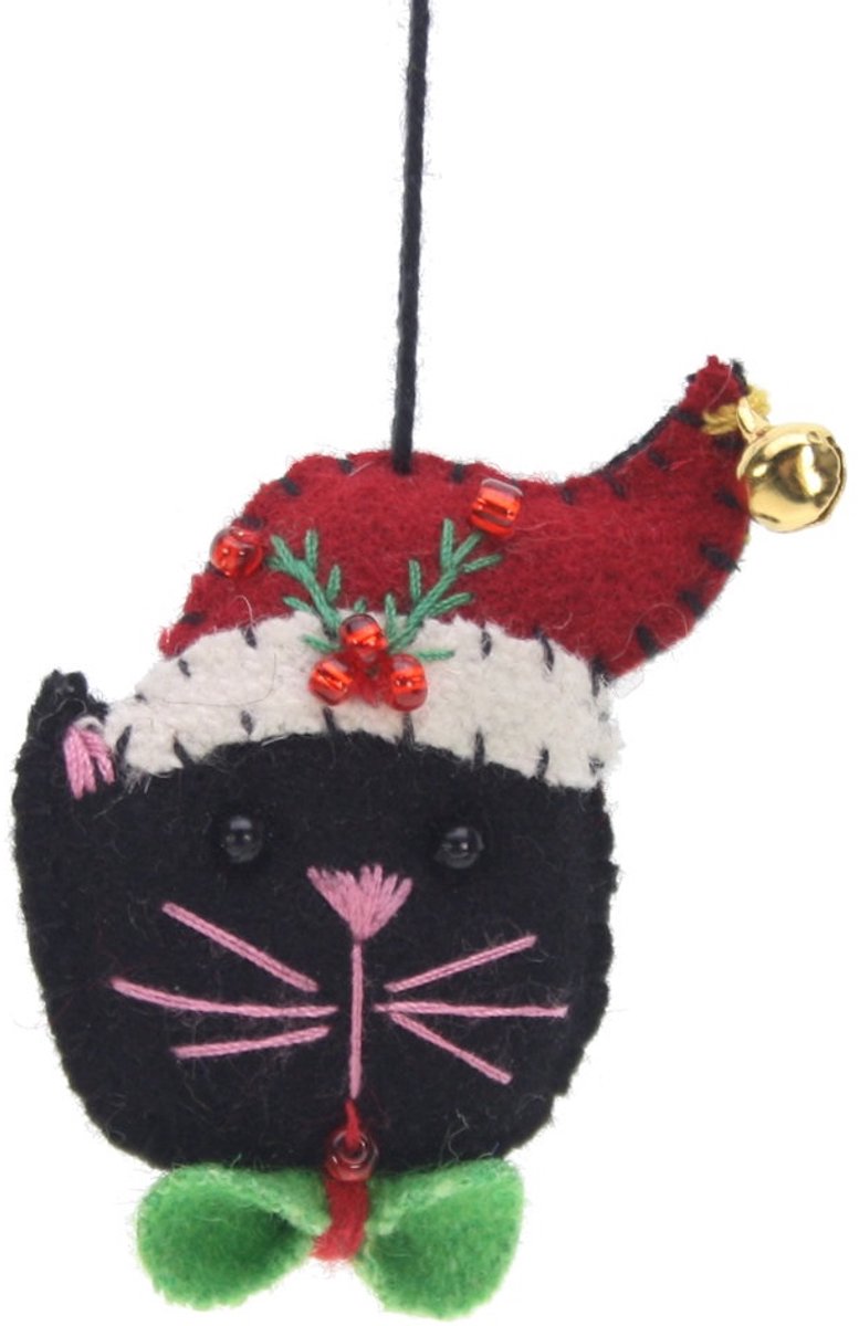 Kat met kerstmuts (mini), vilt 4,5x1x6cm