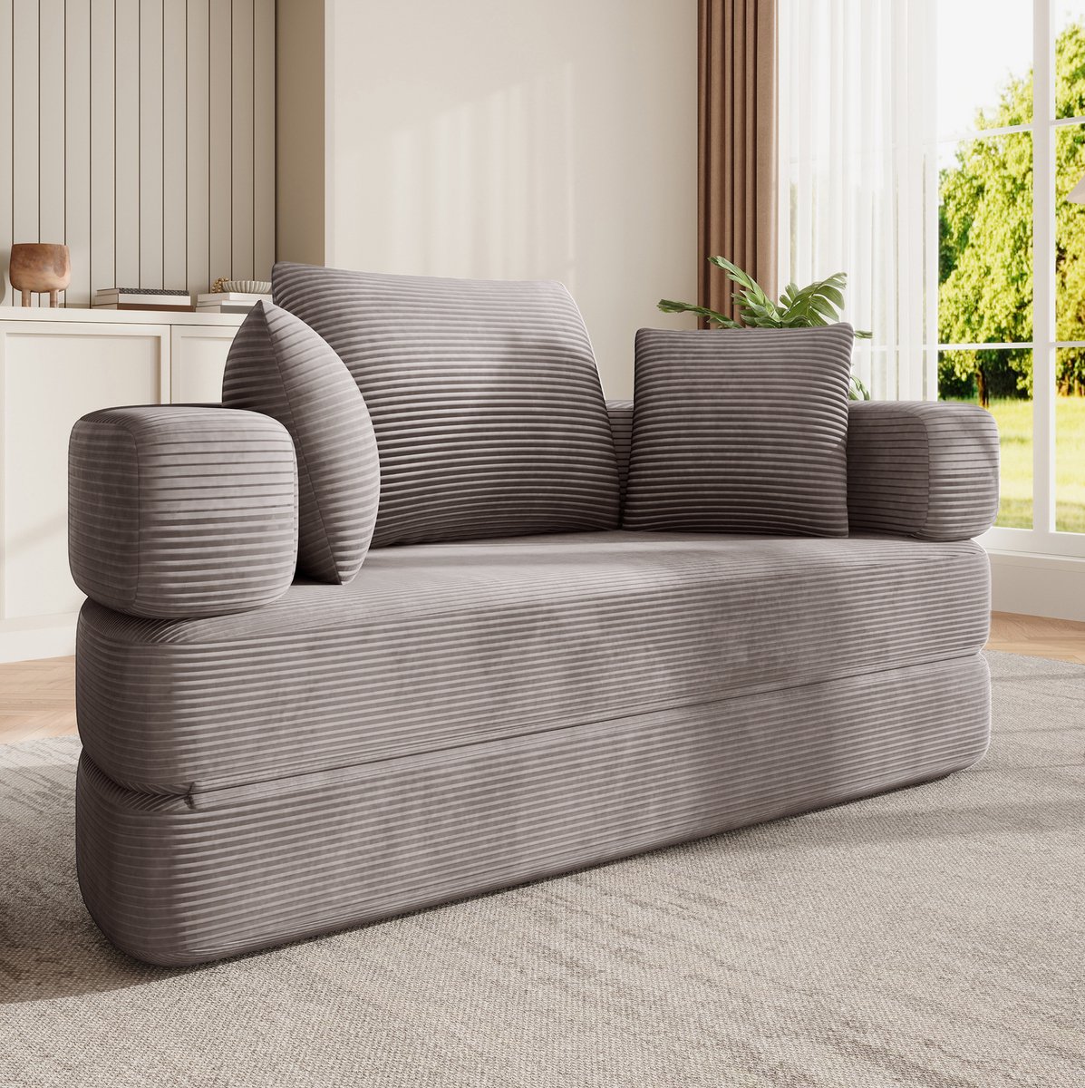 MODENUIT Slaapbank 173 x 176 cm - 2-in-1 Met 3 Kussens - Woonkamer En Logeerkamer - Cord Grijsbruin Bruin grijs