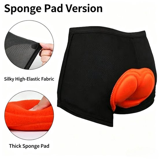 Zwart fietsondershirt met oranje verdikte spons-padding, met teksten 'Silky High-Elastic Fabric' en 'Thick Sponge Pad'.