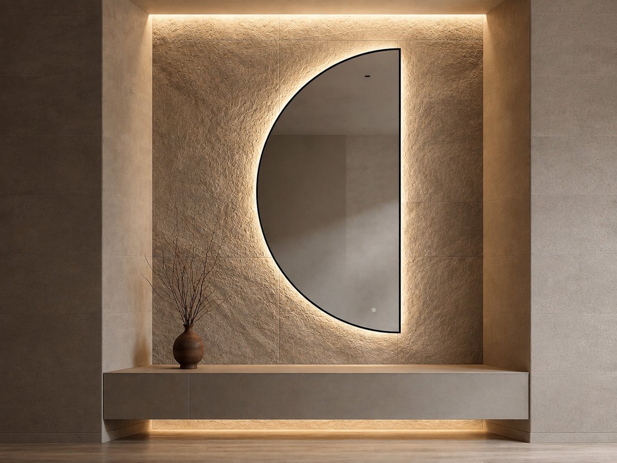 Mawialux Halve Maan LED Spiegel - Geborsteld Zwart - Halfrond Links - 90x180cm - Decoratieve Spiegel - Woonkamer Spiegel - Gang Spiegel - Slaapkamer Spiegel - Entree Spiegel - Jazz