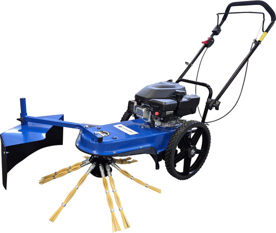 Blauwe Borg onkruidborstelmachine met 180cc benzinemotor, grote zwarte wielen en gele borstels.
