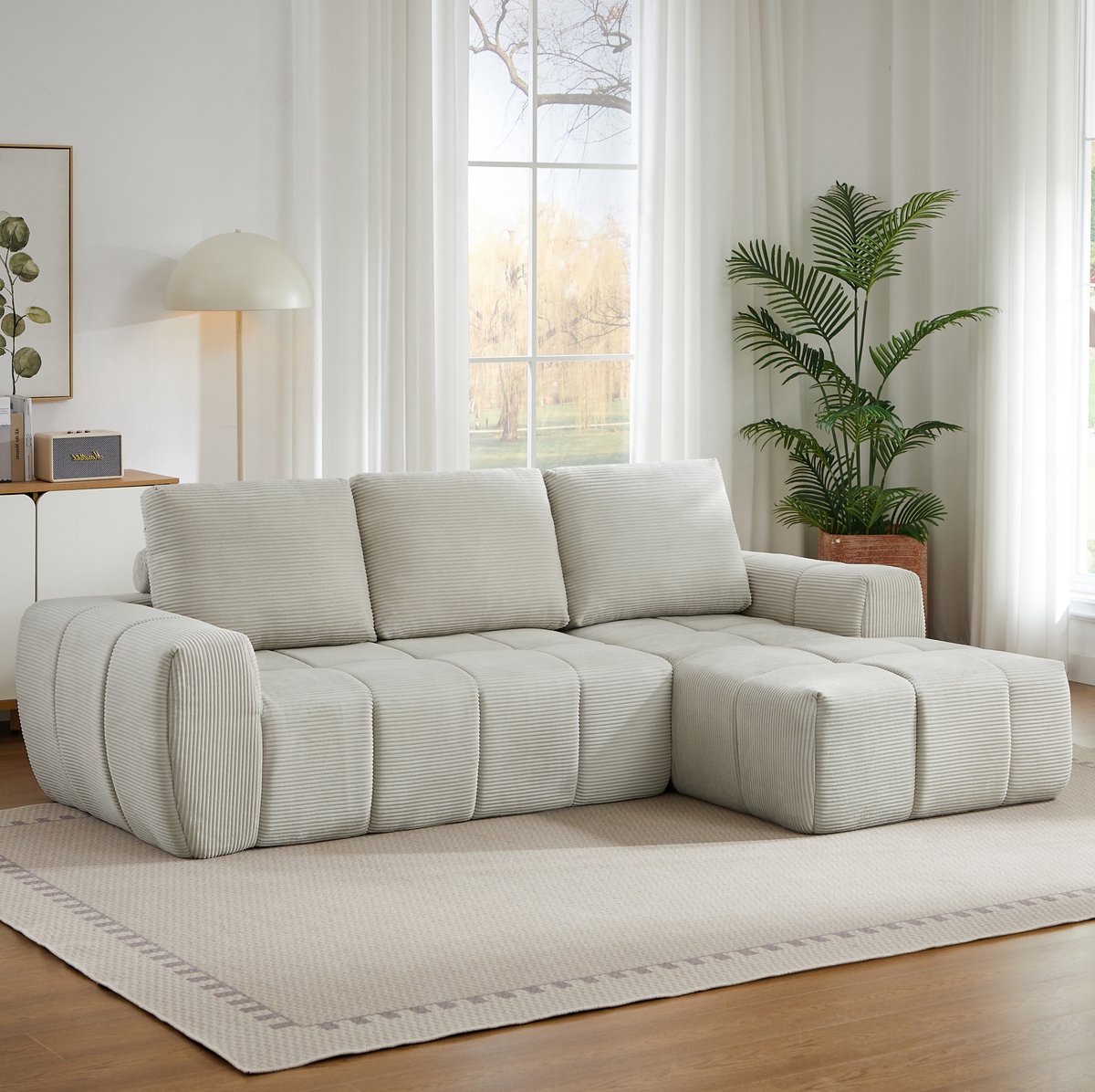 DESMIU Hoekbank - 4-Zits L-Vorm - Met Afneembare Kussens En Zonder Montage - Voor Woonkamer En Appartement - Ribstof - Beige