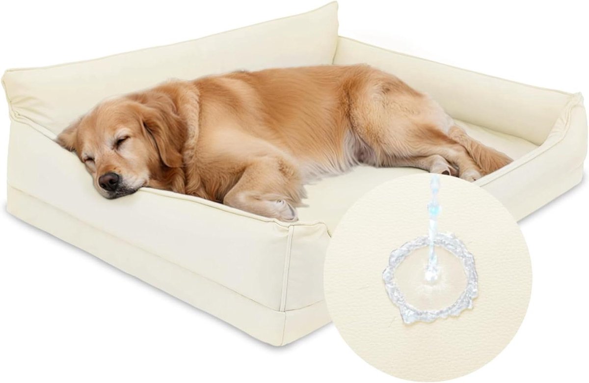 Hondenmand Orthopedisch – Honden kussen – Comfortabel rusten – Waterproof kunstleer – 111 x 81 cm – Beige