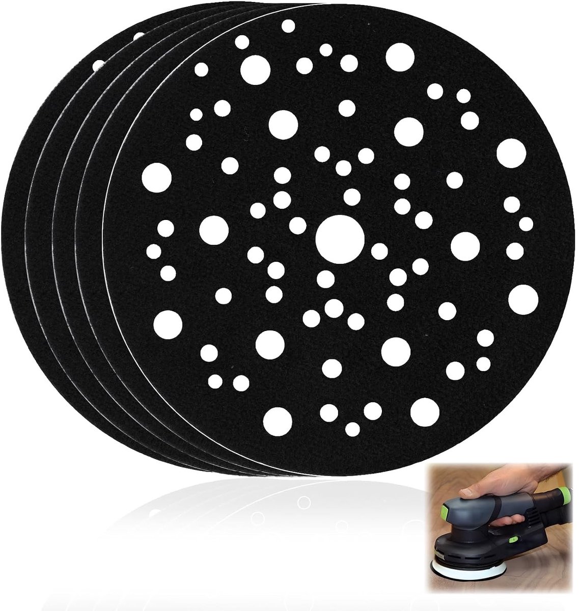 Set van 5 Beschermende Pads voor Schuurdisc, Zelfklevende Schijf voor Schuren, Diameter 150 mm, 70 Gaten voor Pneumatische en Elektrische Schuurmachines, Schuuraccessoires