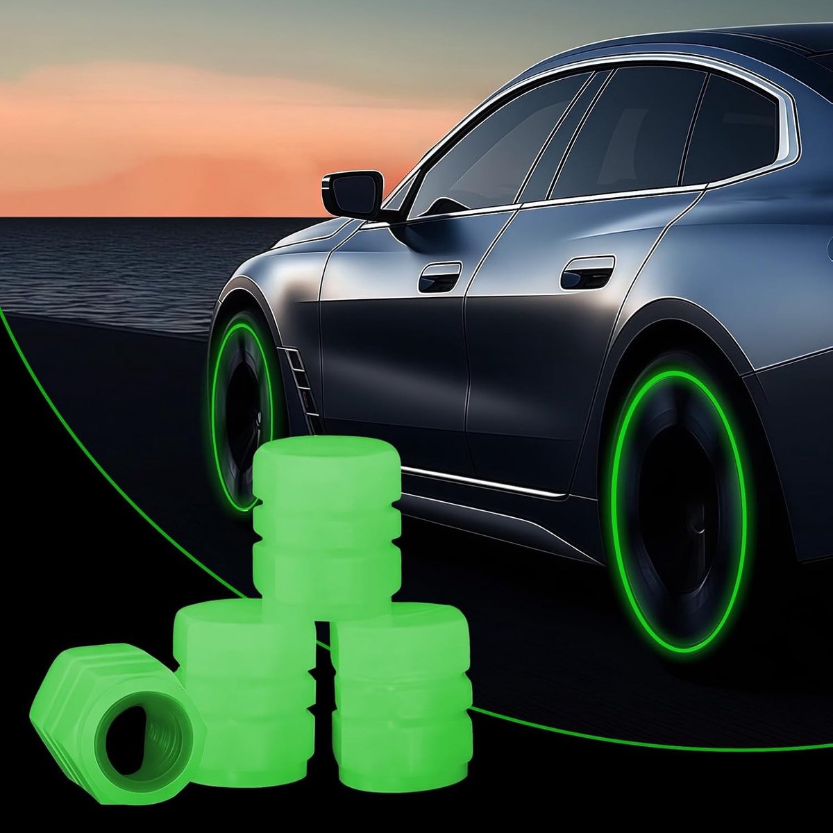 Set van 4 Luminous Ventieldoppen voor Auto, Fiets en Motor - Fluorescerende Ventieldoppen voor Veiligheid en Stijl (Groen)
