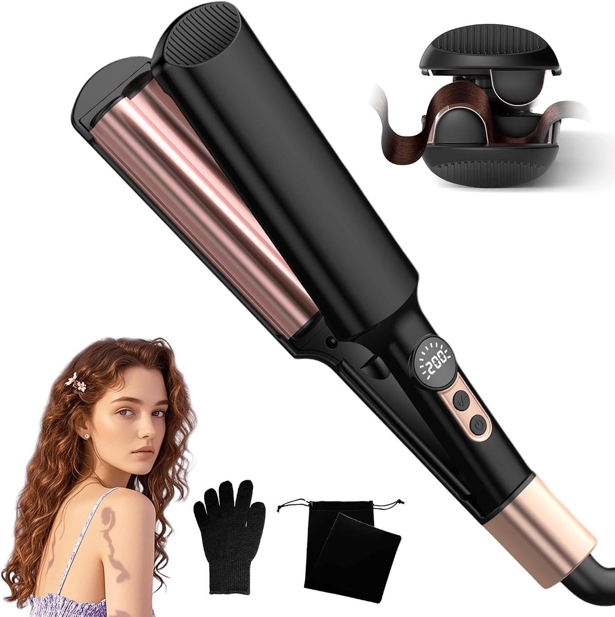 Mini Krultang - Stijltang Waver - Strandgolven Creëren - 5 Temperatuurstanden - Compact Formaat - Roségoud