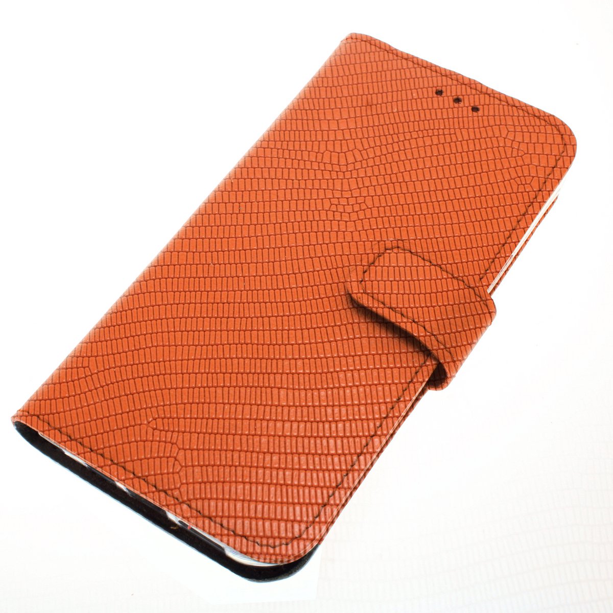Handgemaakt echt leren iPhone 16 Pro bookcase hoesje met drie pasjes vak en een briefgeldvak nr-12 Oranje semi-standig relief glad slangenprint kalfsleer