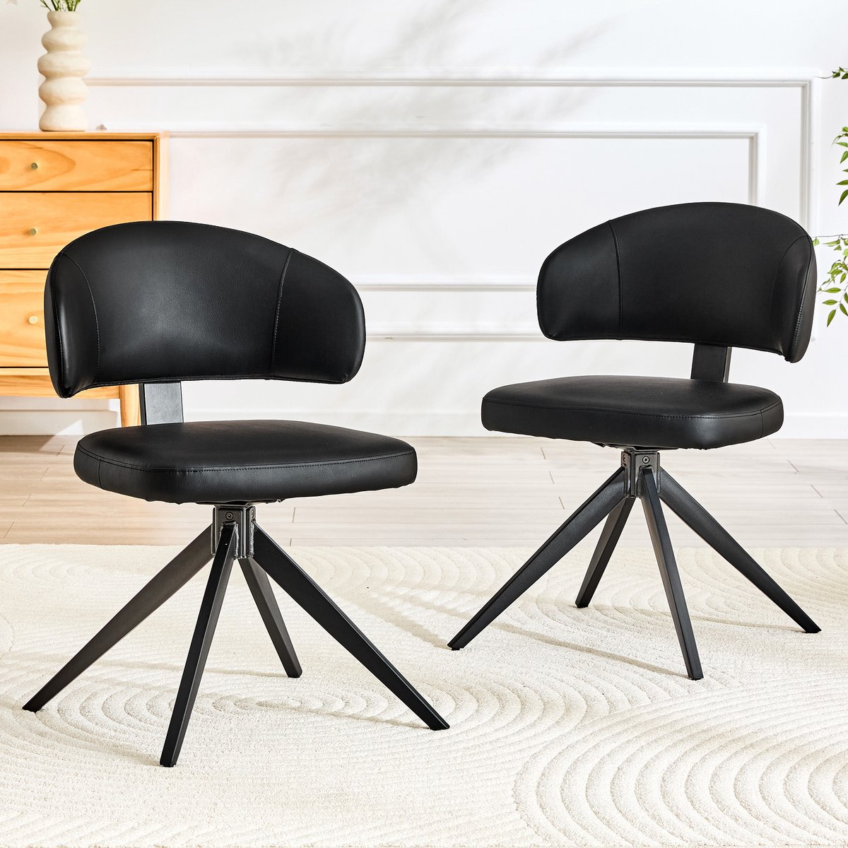 Welltin Eetkamerstoelen Set van 2 - Gebogen Rugleuning - PU Leren Zitting - Gestoffeerde Stoel - Draaibare Stoel - Metalen 4-Poots Frame - Keukenstoel - Woonkamerstoel - Bureaustoel - oor Woonkamer Keuken Kantoor - Zwart