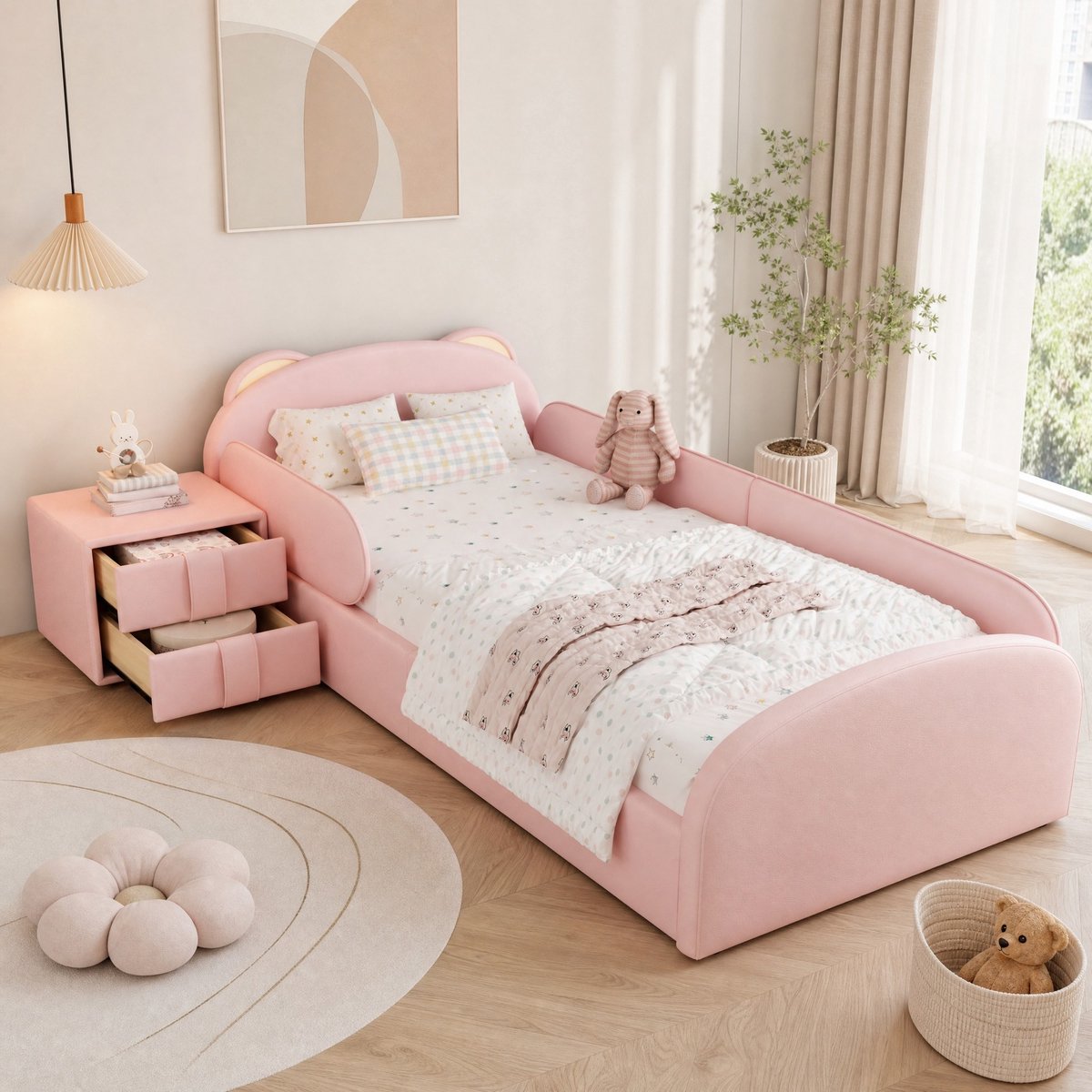 Wishdor Kinderbed met berenhoofdeinde en nachtkastje - Gestoffeerd bed - Eenpersoons - Roze - 90x200 cm - Kunstleer - Hout - Zachte antikollisie - Lattenbodem