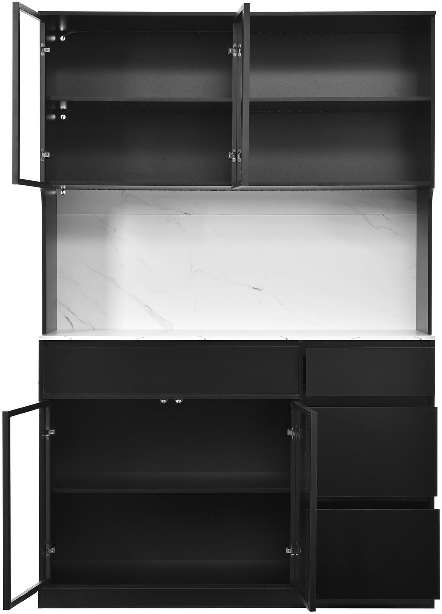 Merax Hoge Buffetkast met Vitrinekast - 120 x 40 x 180 cm - Zwart en Wit - Marmeruitstraling - Ledverlichting - Glazen Deuren - Lades