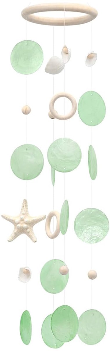 Windgong met groene schelpen - zeester decoratie - coastal style - sfeervol voor binnen en buiten - ShopVlot