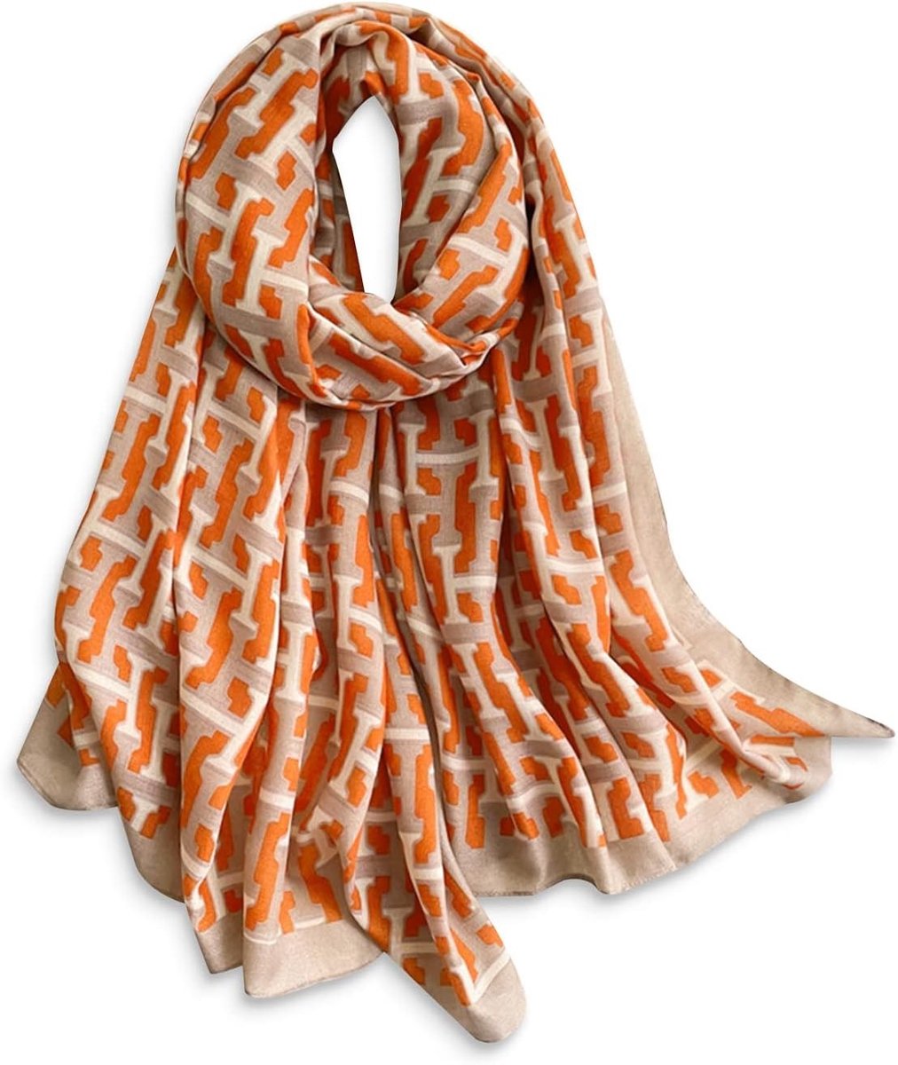 Dames Sjaal van Katoen en Linnen met Bloemenprint en Letters - Lichtgewicht Lange Sjaal voor Zomer en Bescherming tegen de Zon - Oranje, One Size