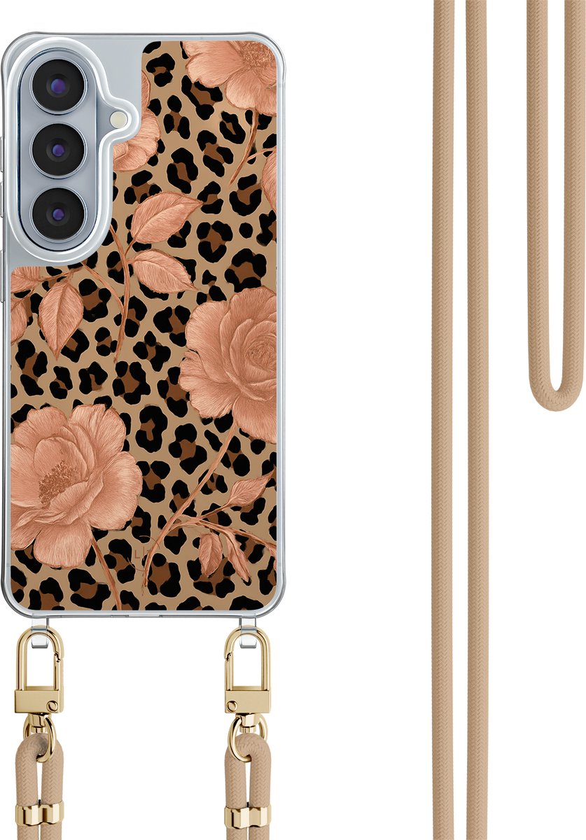 Hoesje met koord - Geschikt voor Samsung Galaxy S26 - Leo flowers - Verstelbaar zwart koord - Crossbody - Print / Illustratie - Beige, Goud - Leuke Telefoonhoesjes
