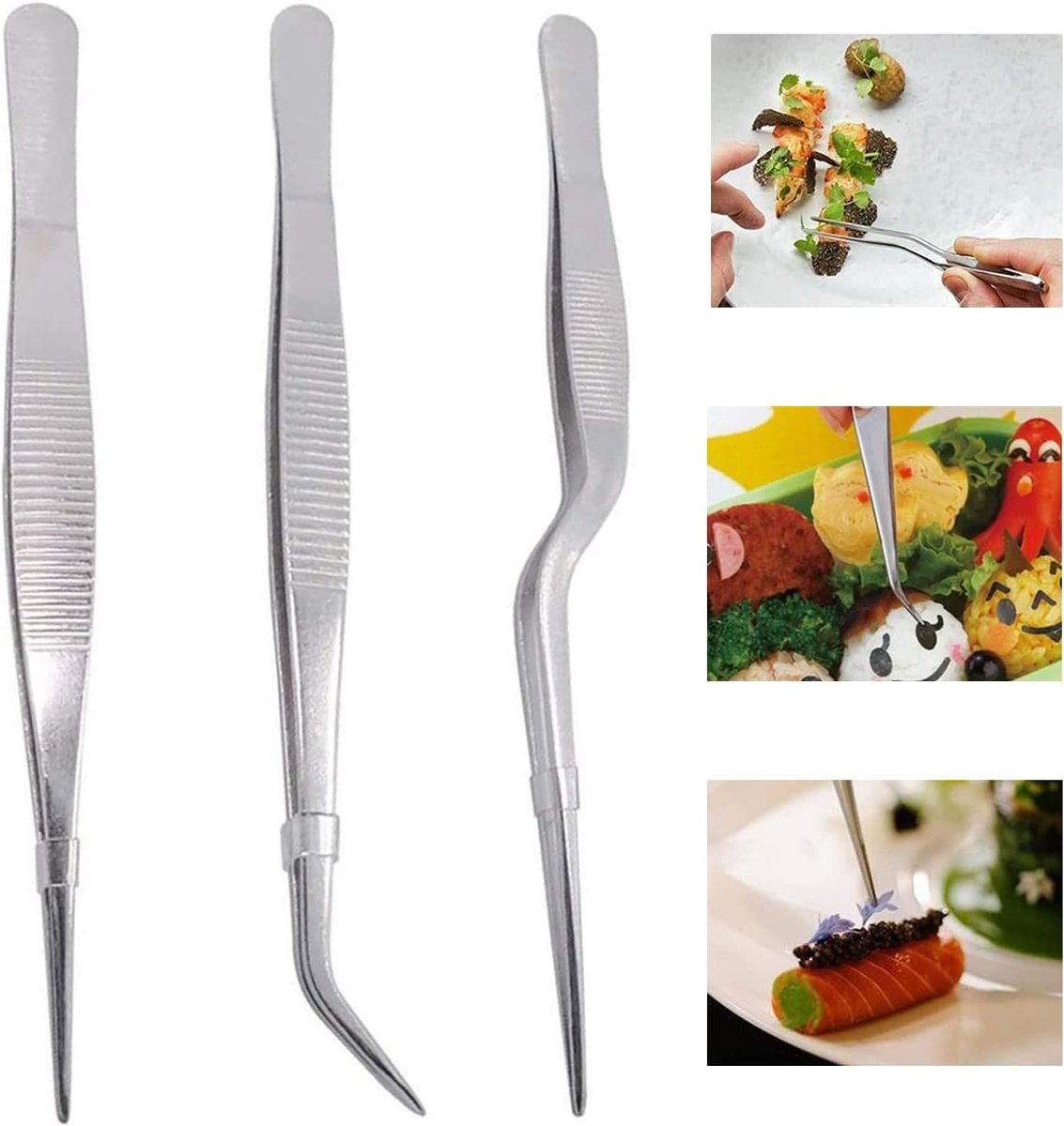 Multifunctionele RVS Keukenpincetten - Precisiepincetten voor Koken, Decoratie en Garnituur - 3 Stuks