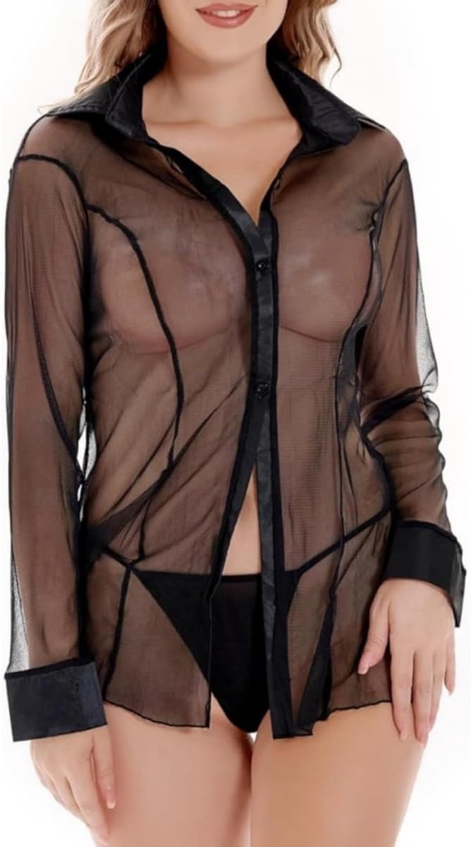 Transparant Sexy Shirt voor Dames met Lange Mouwen, Casual Blouse en Lingerie T-shirt voor de Slaapkamer en Pyjama's