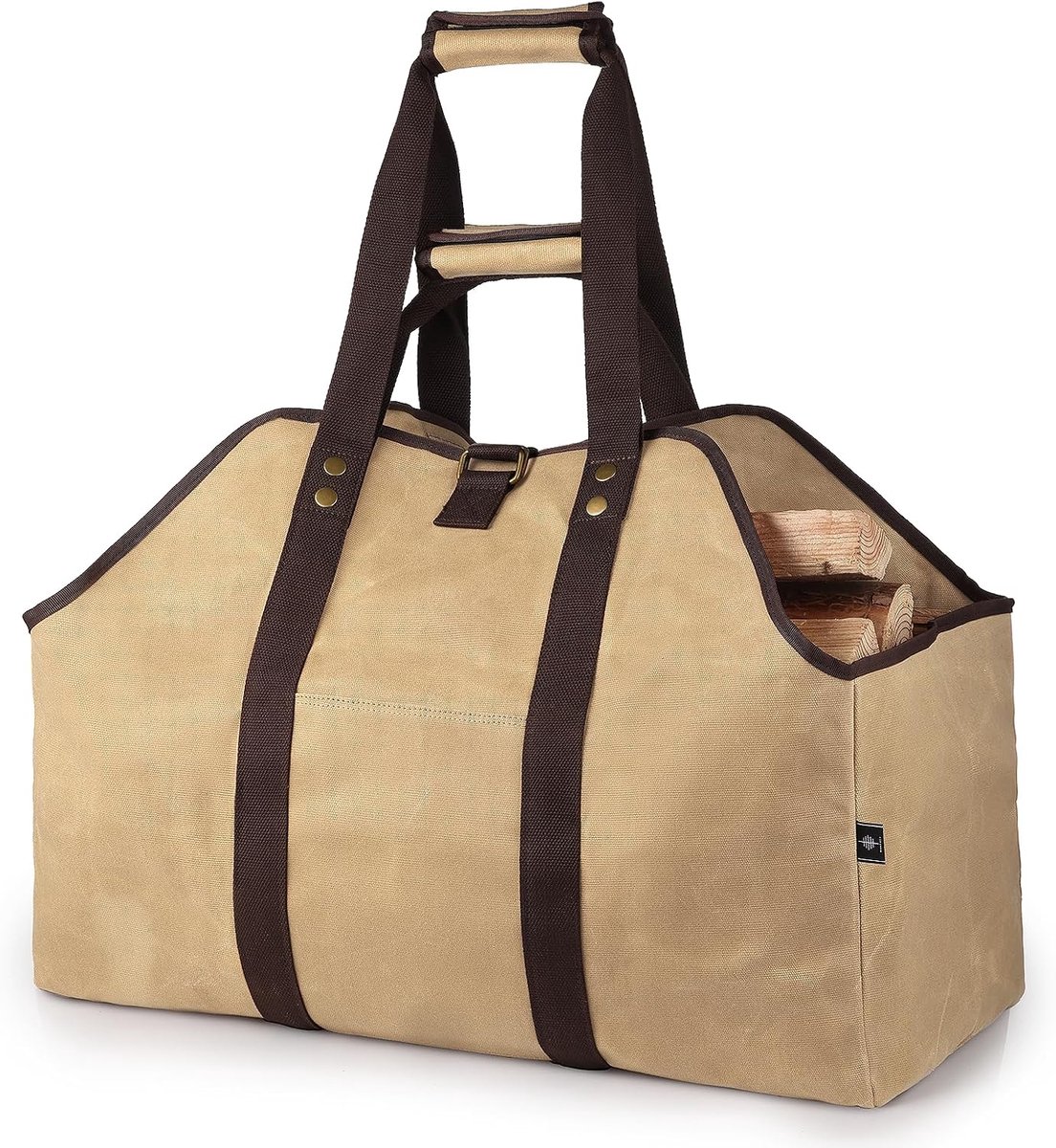 Extra Grote Haardhout Draagtas – Brandhoutmand – Houttas met Schouderriem en Handgrepen – Stevige Houtdrager – 58 x 28 x 45 cm – Licht Khaki – Voor Open Haard, Houtkachel, Tuinafval en Camping