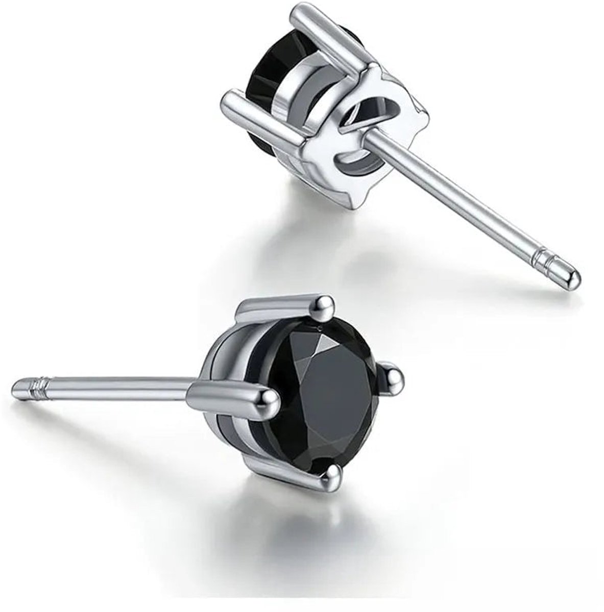 Stalen Ronde Oorstekers Zilverkleurig Zirkonia 6 mm – Zwart