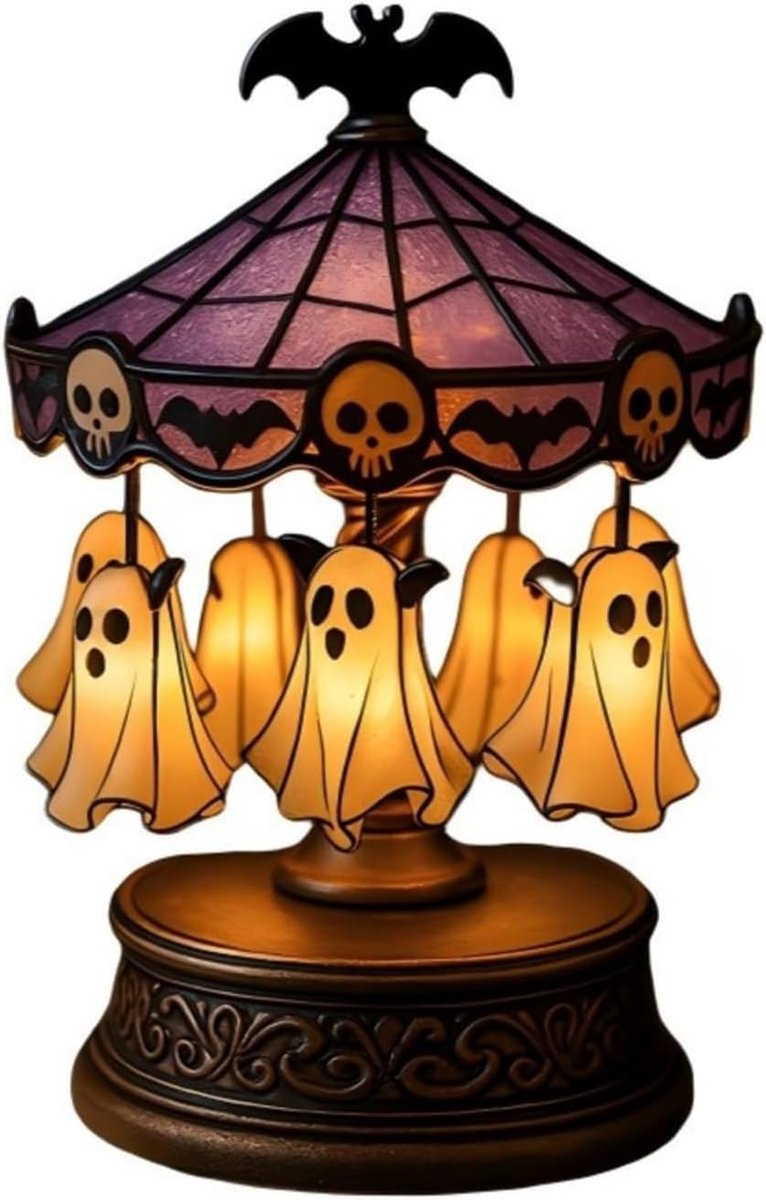 Casalora® Halloween Draaiende Spook Carrousel USB LED Nachtlamp – Spookachtige Tafeldecoratie voor Binnen – Woonkamer, Bureau & Schouw