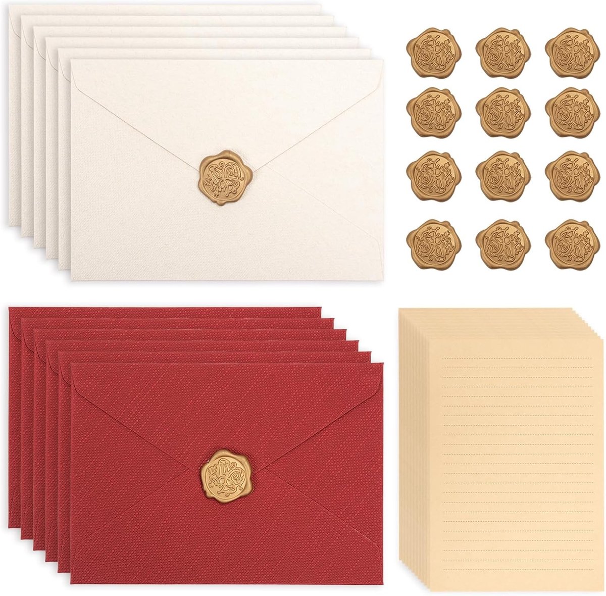 Vintage Briefpapier Set met 12 Enveloppen, 12 Zelfklevende Waszegels en 20 A5 Briefpapier voor Liefdesbrieven, Trouwen en Verjaardagen