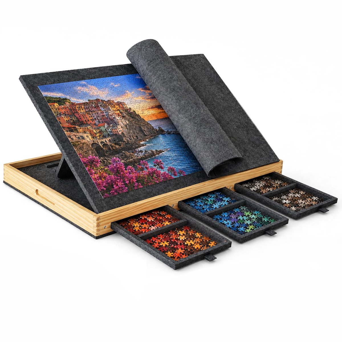 Draagbare houten vilten puzzelplank 1000 stukjes - zwart - met 3 sorteerladen - ideaal voor puzzelliefhebbers - ShopVlot