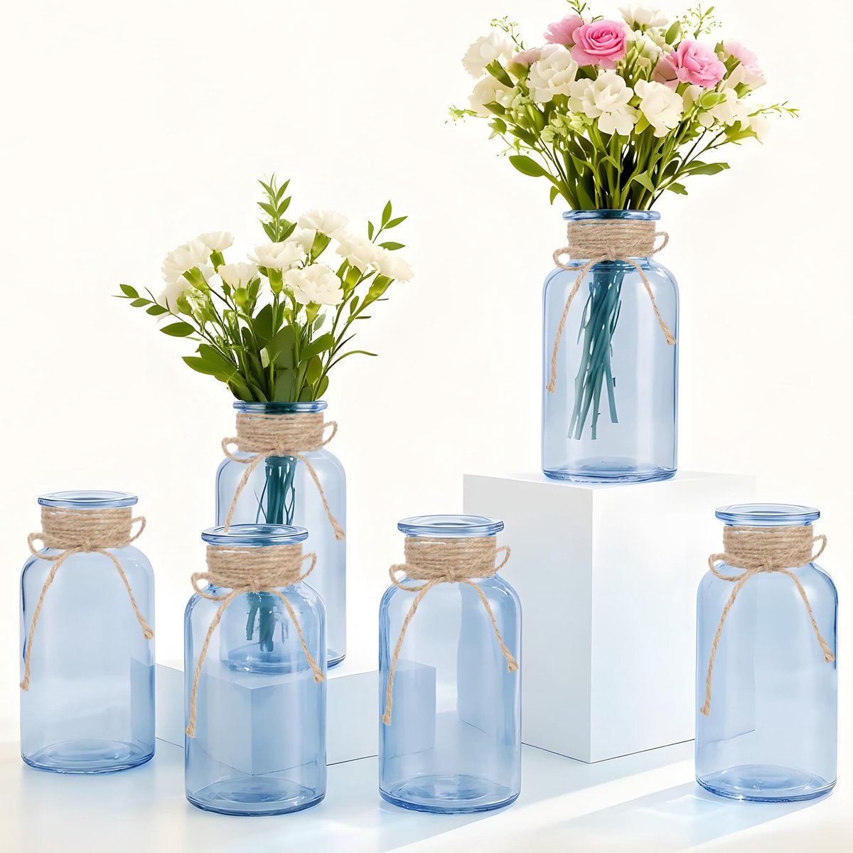 Mason jars glazen vazen set van 6 - blauwe bloem vaas - decoratief voor centerpieces - perfect voor feesten - ShopVlot