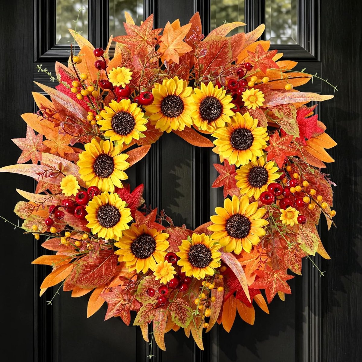 Herfstkrans - Multicolor - 40 cm - Kunstzonnebloemen met Bessen en Bladeren - Voor Deur en Feestdagen