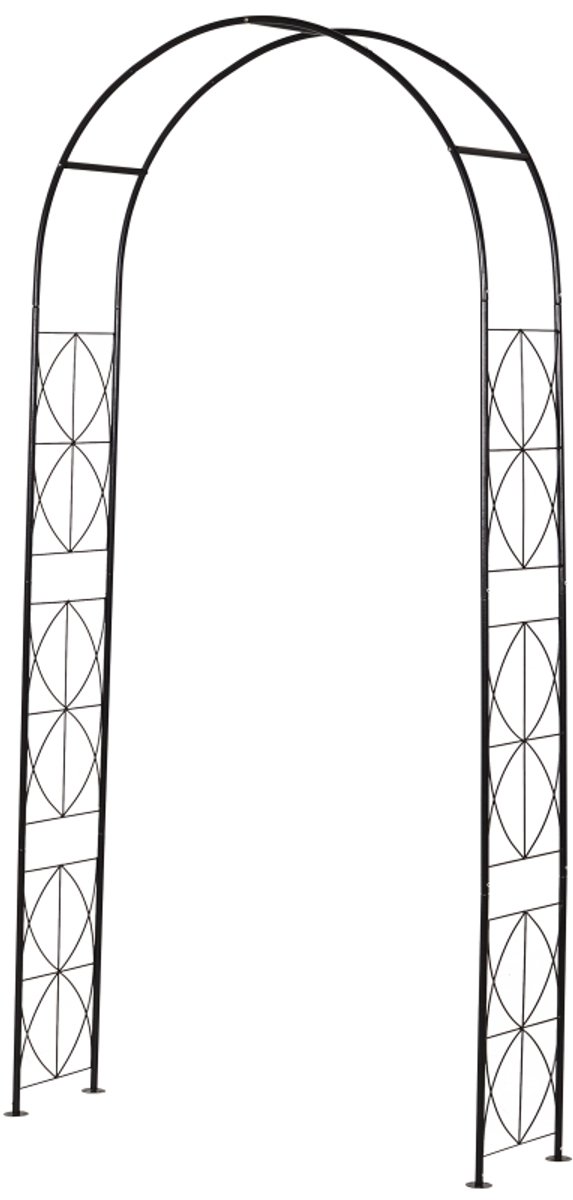 Tuinboog 114 × 30 × 230 cm zwart metaal klimplantenrek plantensteun klimrek eenvoudig te reinigen stabiele en duurzame constructie praktisch en stijlvol geschikt voor tuin bruiloftsdecoratie en buitengebruik