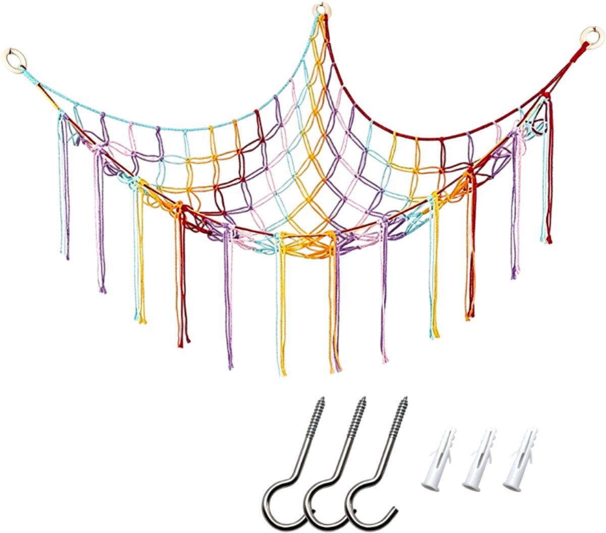 casalora Speelgoed Hangmat – Opbergnet voor Knuffels – Gevlochten Katoenen Opbergnet – 100 × 100 × 150 cm – Regenboogkleuren(Exclusief Knuffels)