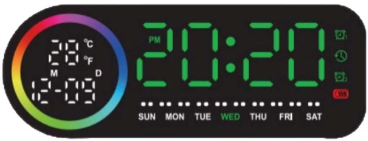 Digitale wekker met groot led-display - Digitale wekker met weergave van de dag van de week, touchscreen, dubbel alarm (sluimerfunctie, 5-traps dimmer) - Zwart