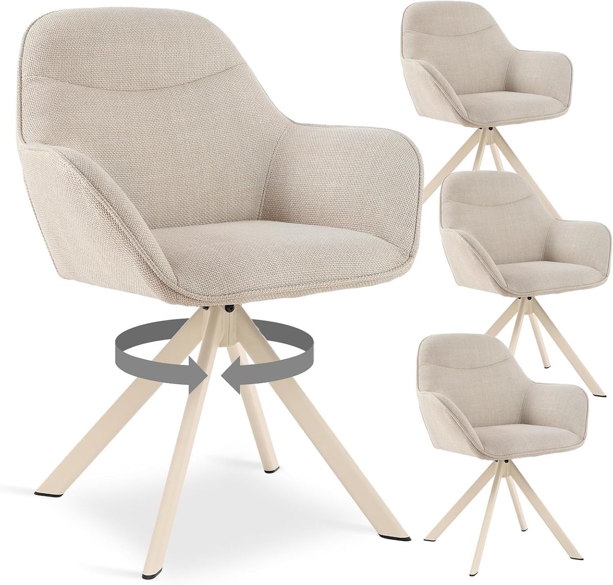 Eetkamerstoelen Set van 4 – 360° Draaibaar – Met Armleuningen – Beige – 59x63x81 cm – Industrohome