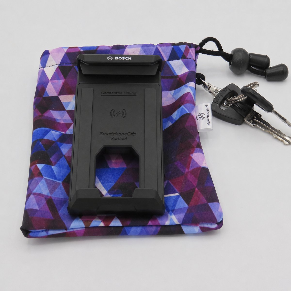 Ebike hoesje xl display Bosch Smartphone grip verticaal Driehoeskje op paars softshell DLX