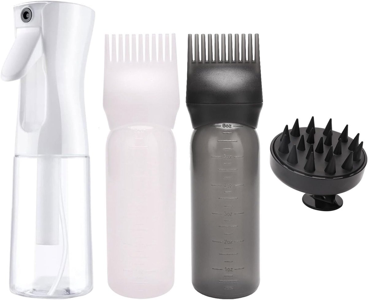 4-delige haarolie applicator set met plastic flessen, kam voor de haaraanzet, sprayfles en hoofdhuidmassage voor haarverf en verzorging