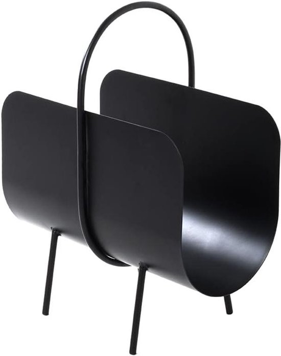 Stijlvol zwart metalen krantenrek met handvat en slanke poten.