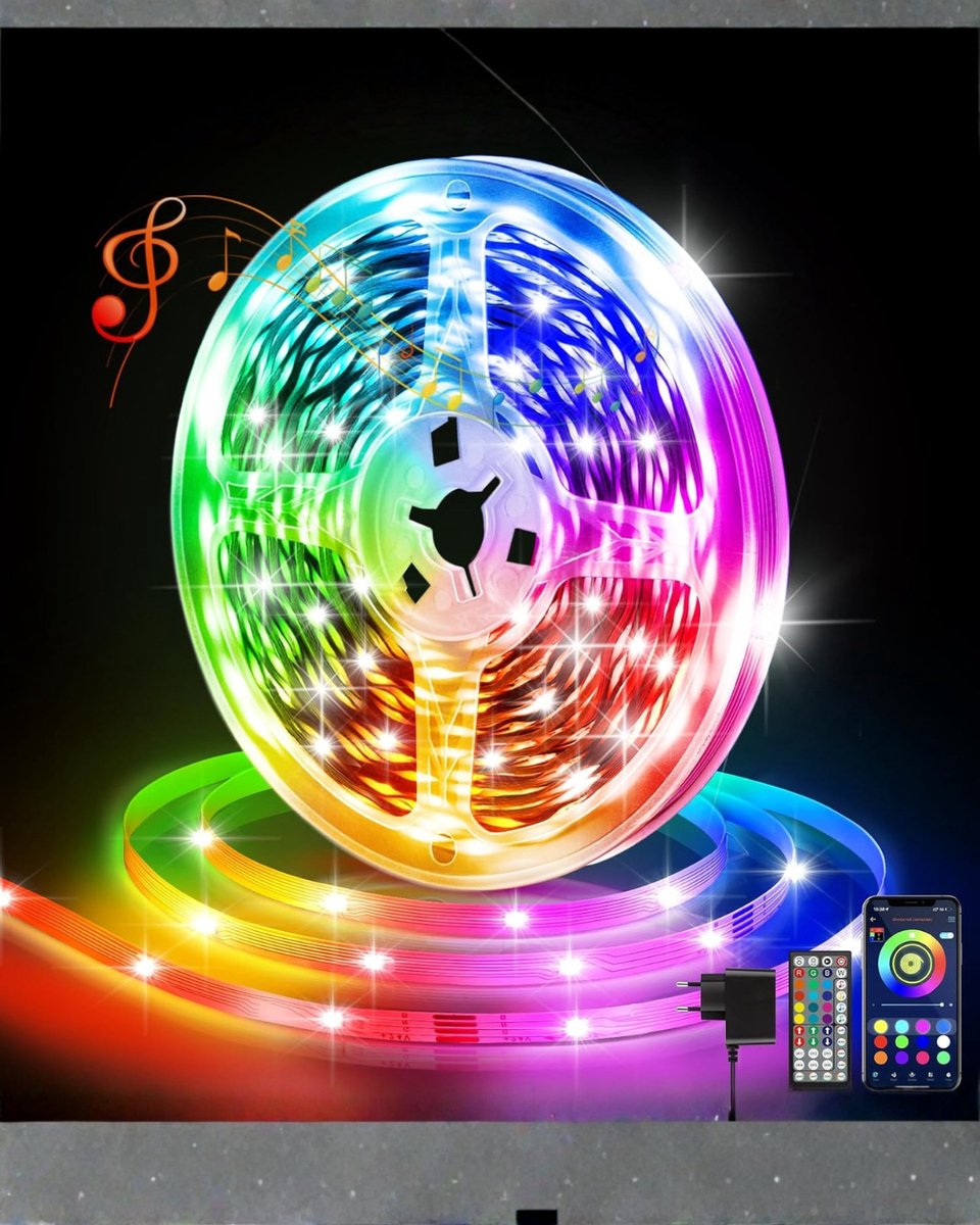 Allvia® Led Strip 10 Meter - Smart Led - Led Strip - met Muziekfunctie - Bluetooth - en Afstandsbediening - Veelkleurig - 20cm x 20cm x 3cm
