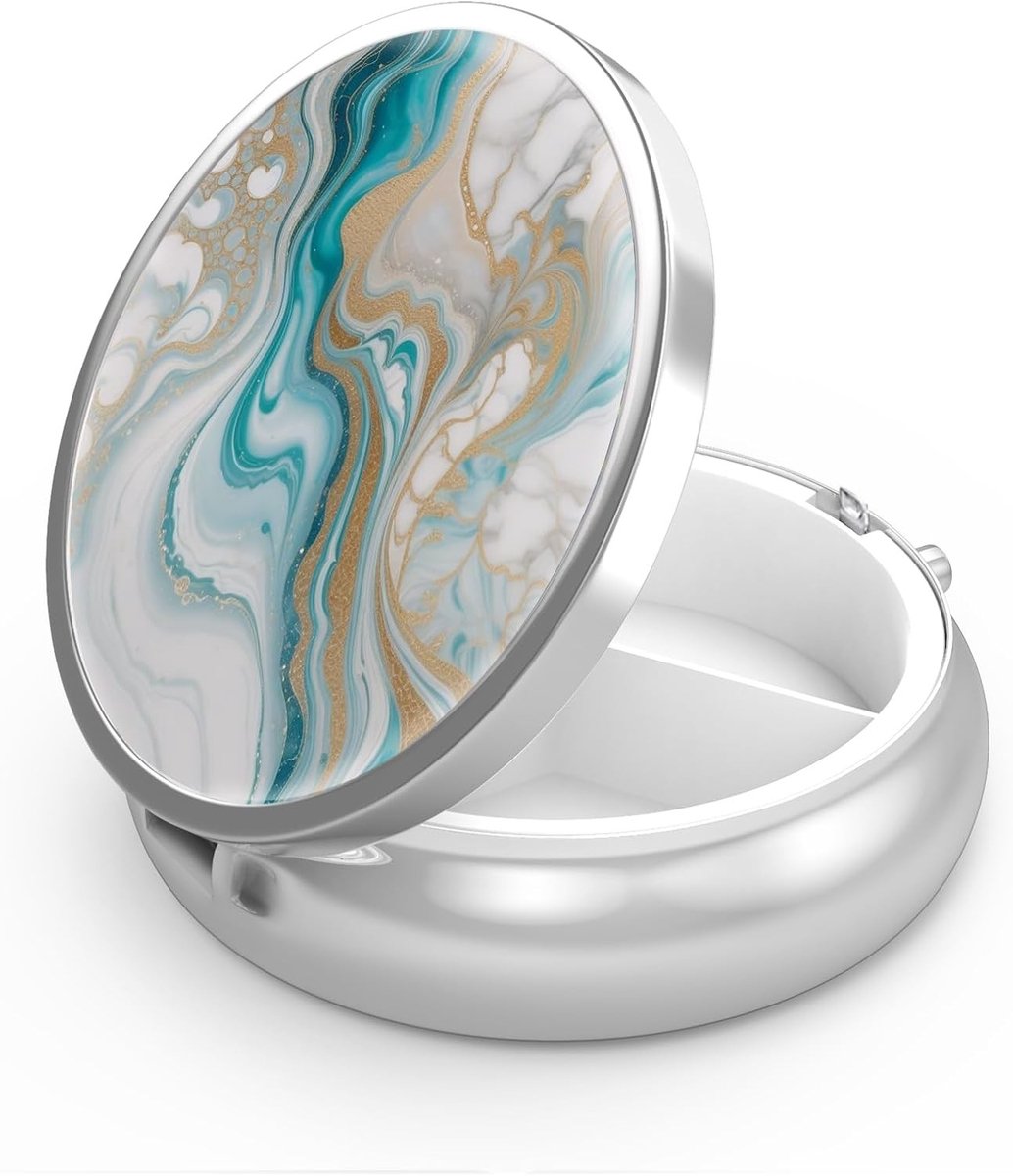 Driecompartimenten Medicijn Doosje, Draagbare Organizer voor Tas of Portemonnee, Decoratief Metalen Vitamine Geschenk met Groene Marmerlook