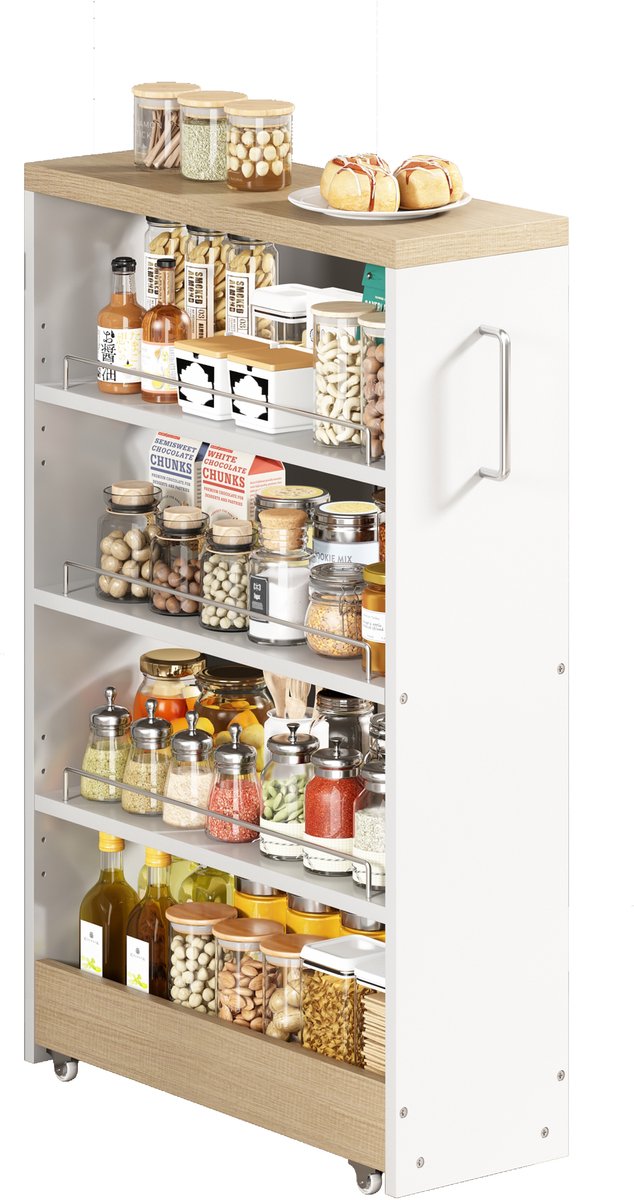Wishdor Smalle opbergtrolley op wielen - 16 cm breed - 4 verstelbare legplanken - Wit met houtlook - MDF - Metalen reling - Keuken en badkamer - 55 x 16 x 85 cm — afbeelding 5