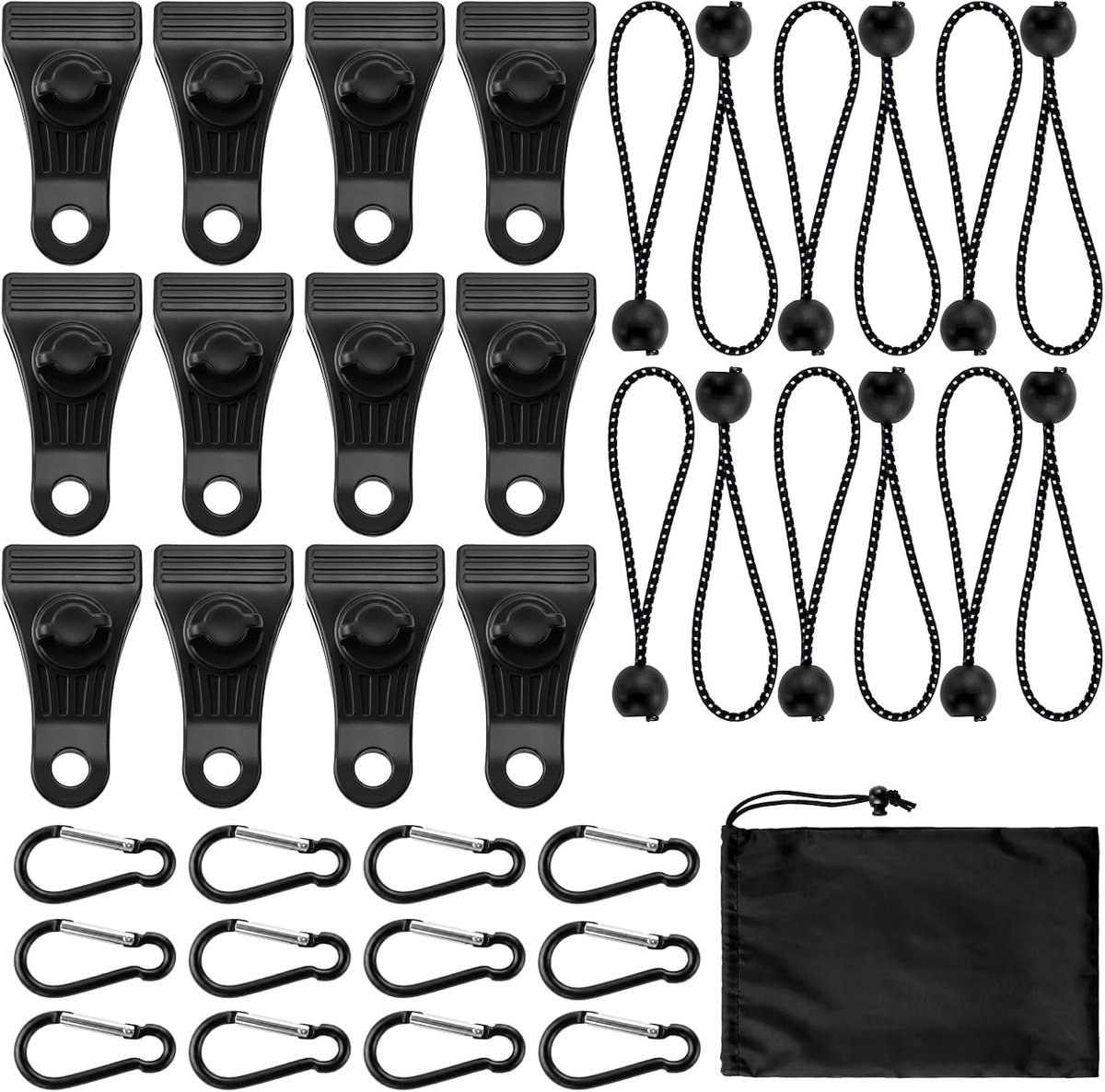 37 stuks tentzeilclips, set zeilspanners, zeilclips, tent, bungees, koorden, karabijnhaken, clips, bevestigingsclips - ShopVlot