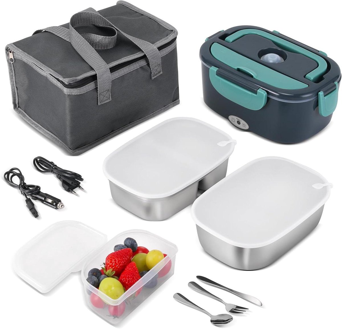 Elektrische Lunchbox - Voedselverwarmer - Warme Maaltijd Onderweg - 3-in-1 Stroomvoorziening - 15 Liter - Grijs