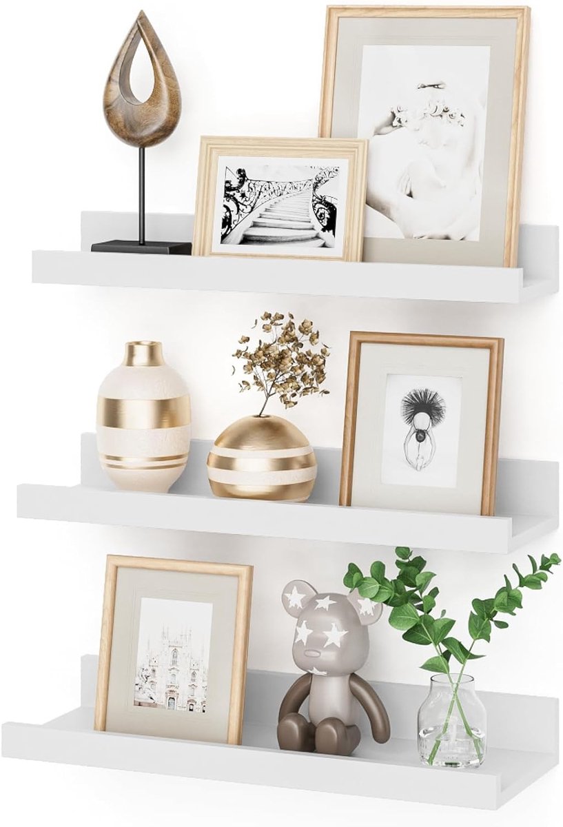 Witte zwevende wandplank set van 3 - MDF hout voor foto's en decoraties in woonkamer, slaapkamer en kantoor