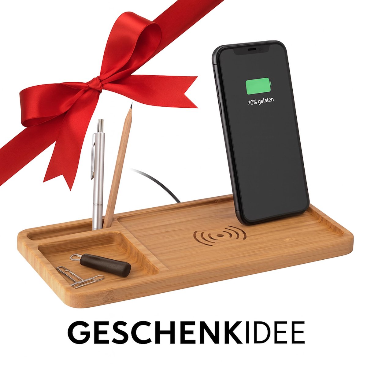 Bureau-organizer met inductief laadstation - bamboe en ABS - 5 W draadloos opladen - ideaal voor smartphonegebruik - ShopVlot