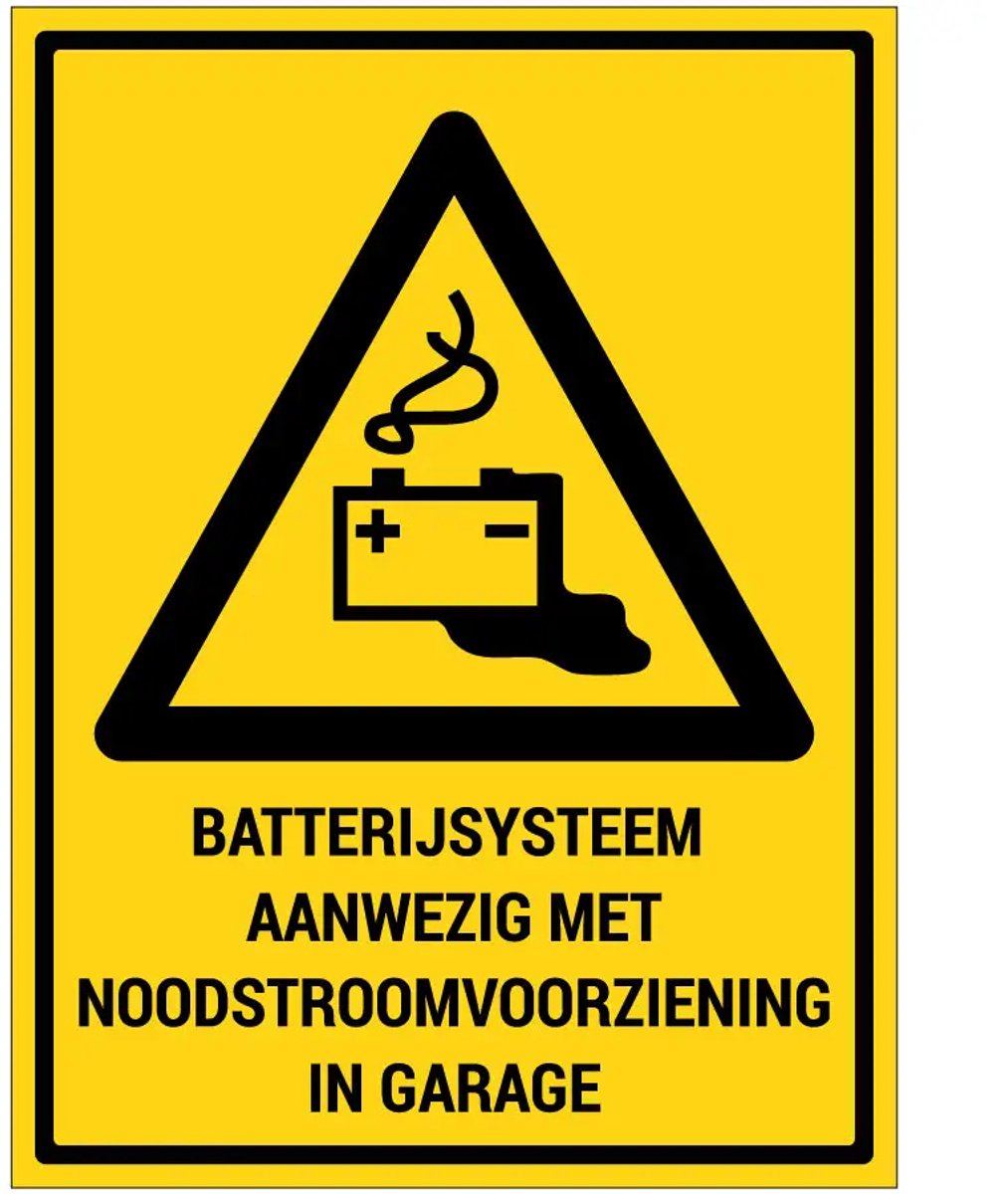 Batterijsysteem aanwezig met noodstroomvoorziening in garage sticker met tekst | 20 x 15 cm
