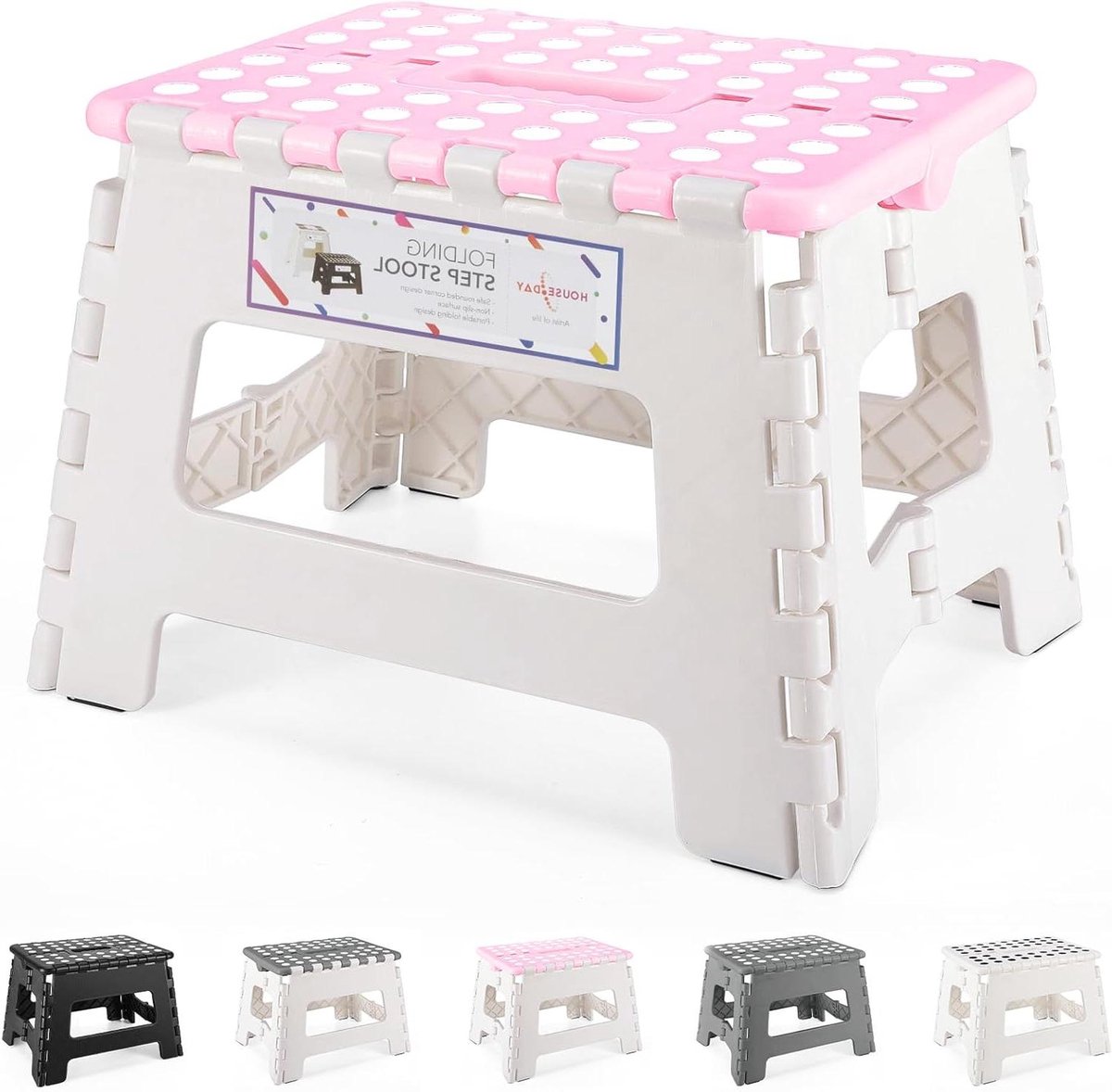 Opklapbaar Krukje - Keukentrapje Kinderen - Veilig Hoge Planken - Anti-slip Oppervlak - 23 cm Hoog - Roze Grijs