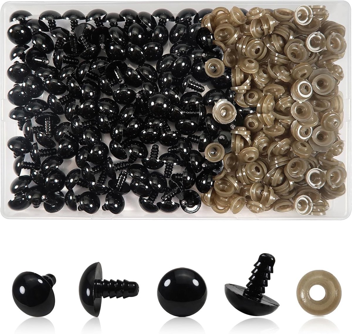 150 Stuks Veiligheidsogen 18 mm, Zwarte Plastic Ogen met Wasjes voor Poppen, Amigurumi, Knutselen en Haken