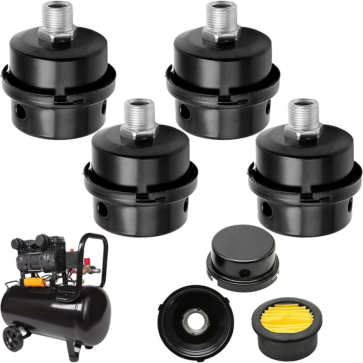 4 Stuks Luchtcompressor Geluidsdemper Filter, 16mm Draad Geluidsdemper, Vervangingsfilter voor Olievrije Compressoren, Ideaal voor Stille Werkomgevingen