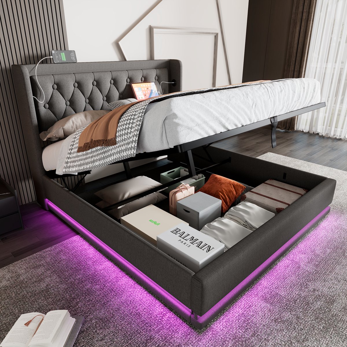 Wishdor Tweepersoonsbed 180x200 cm - Hydraulisch opbergbed met 3-zijdige LED - Stoffen bedframe met USB-C oplaadfunctie - Grijs - Zonder matras