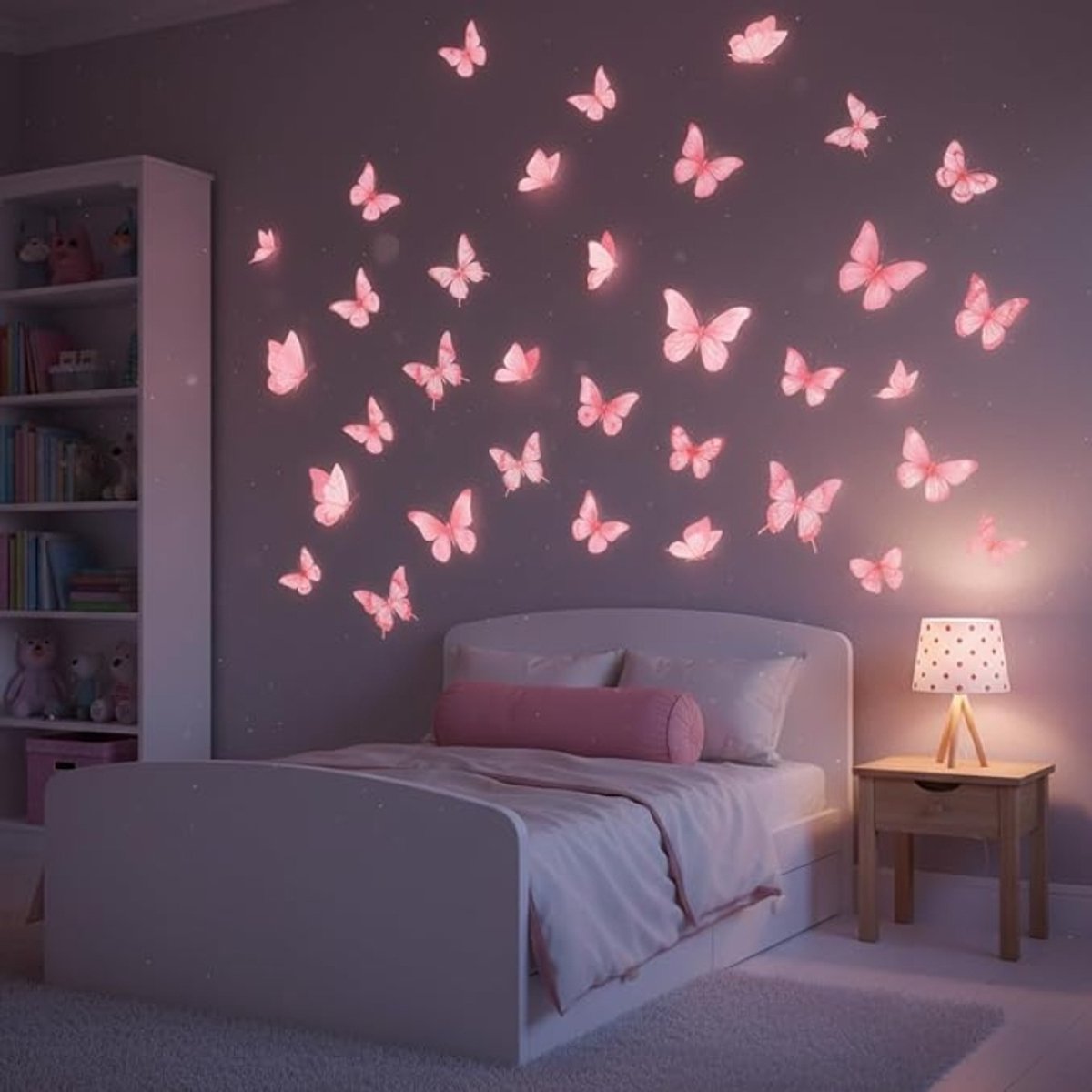 Set van 176 lichtgevende muurstickers vlinders - Fosforescerende muurdecoratie voor slaapkamer, kinderkamer en woonkamer - Roze